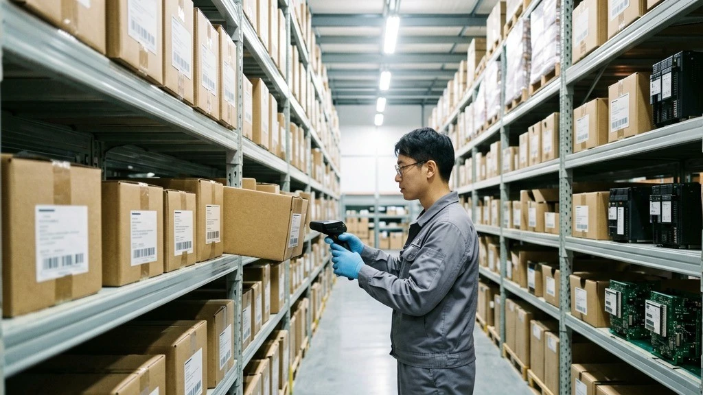 Warehouse worker scanning a labeled box of industrial automation parts on a stocked shelving unit